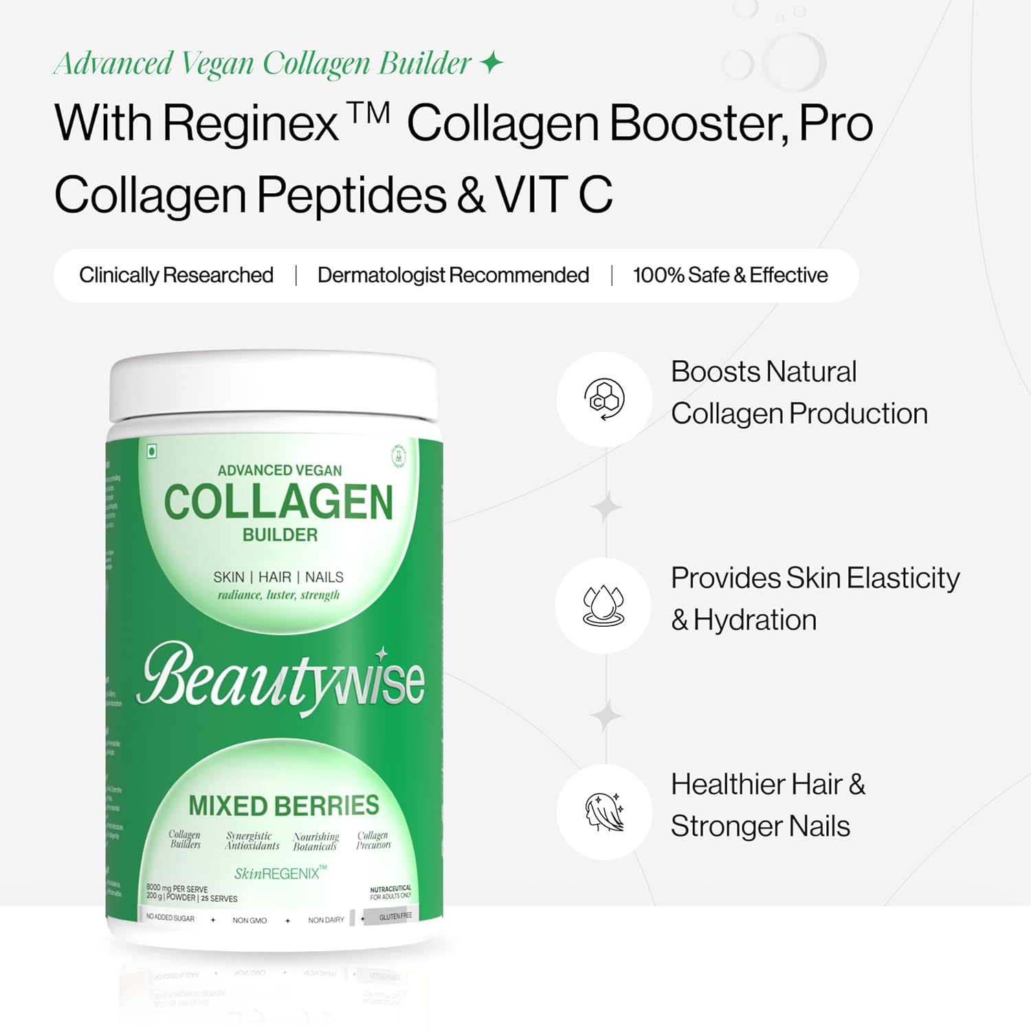 Beautywise collagen builder supplement with green label on a white background