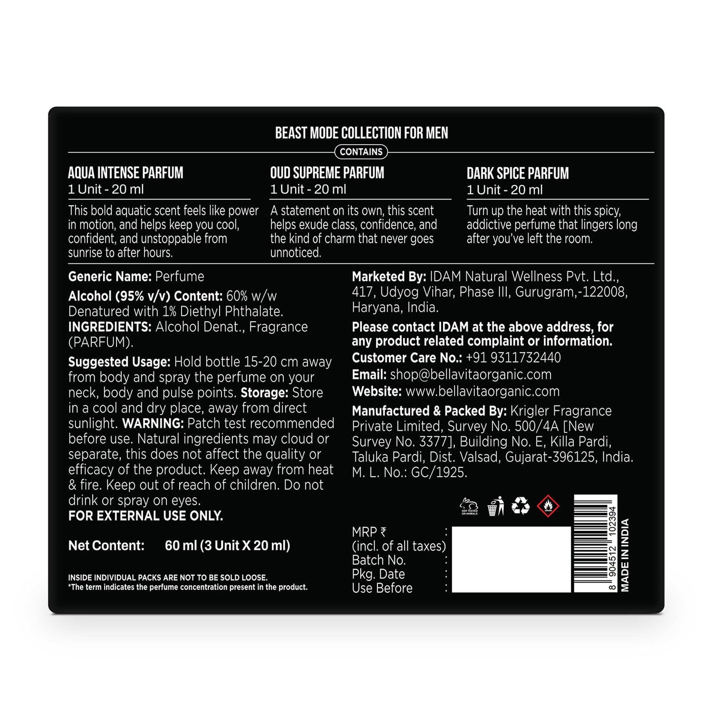Perfume label with product details on a white background
