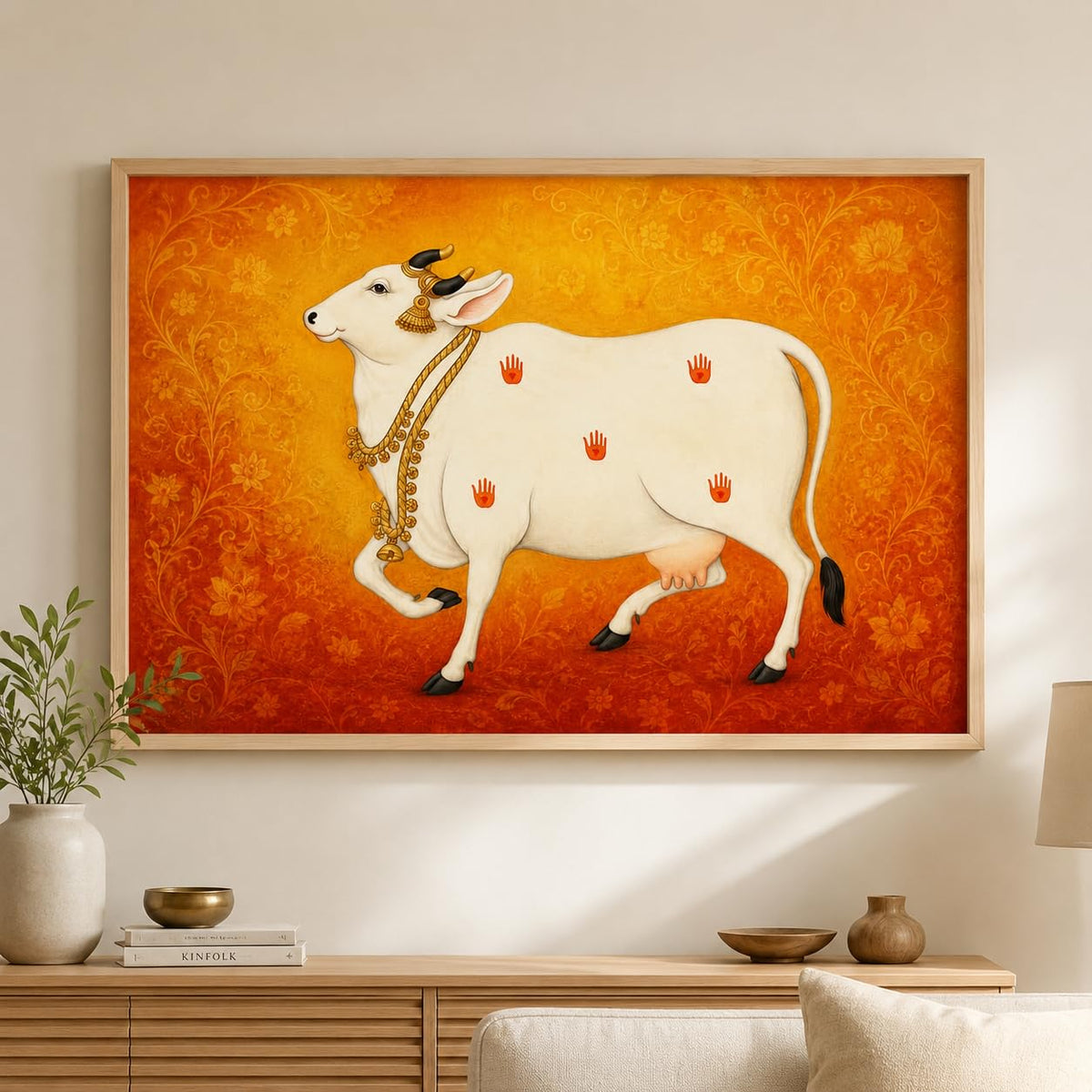 Kamdhenu Cow Vastu Wall Painting for Living Room Bedroom Hall Office Decor, Hindu Spiritual Religious Artwork, Premium Wooden Synthetic Frame (13.5 x 19.5 Inch) NM01-V-175