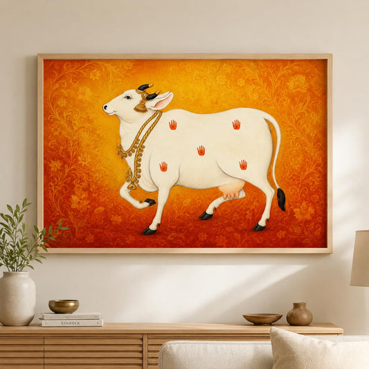 Kamdhenu Cow Vastu Wall Painting for Living Room Bedroom Hall Office Decor, Hindu Spiritual Religious Artwork, Premium Wooden Synthetic Frame (13.5 x 19.5 Inch) NM01-V-175