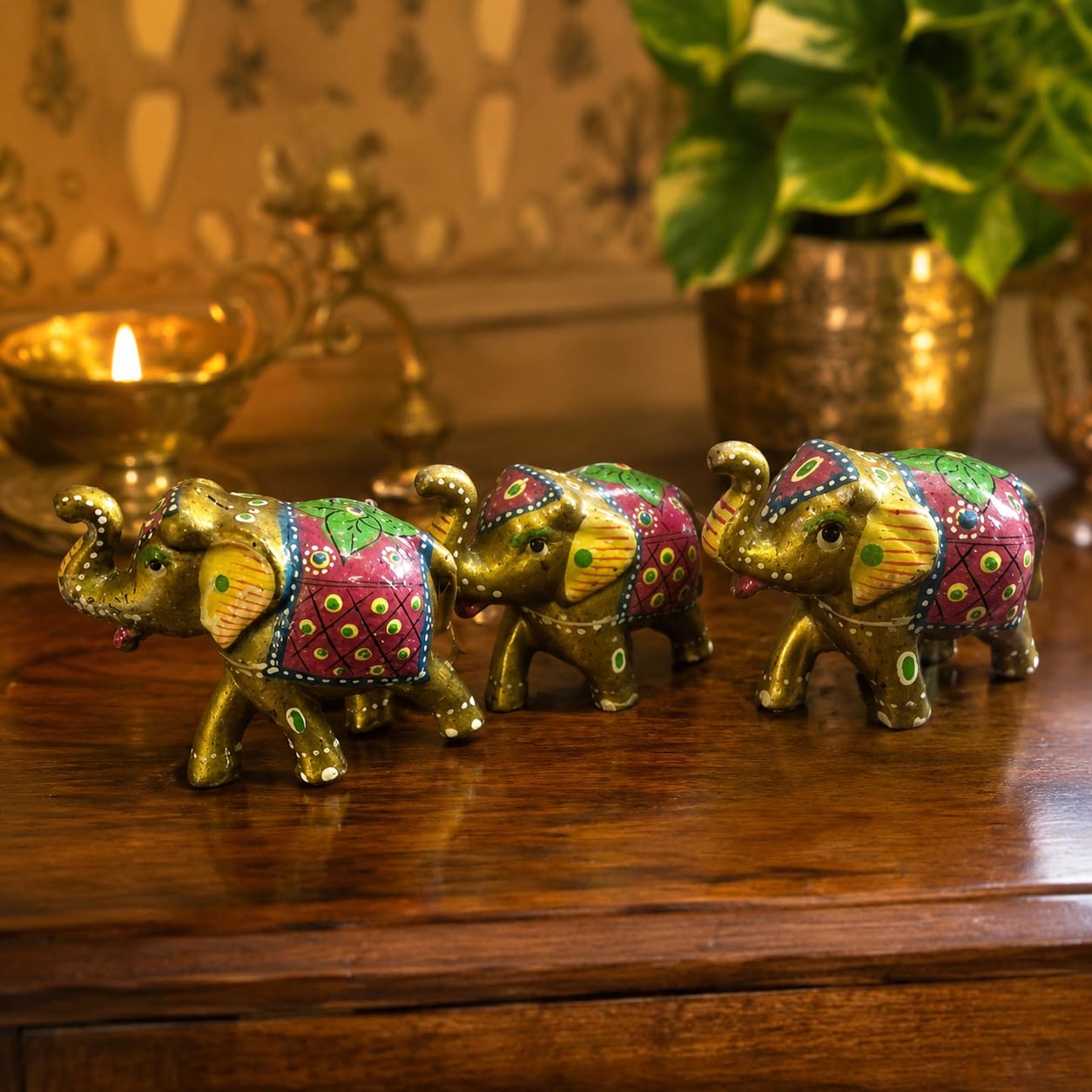 DreamKraft Paper Mache Elephant Showpiece, Yellow, Set of 3