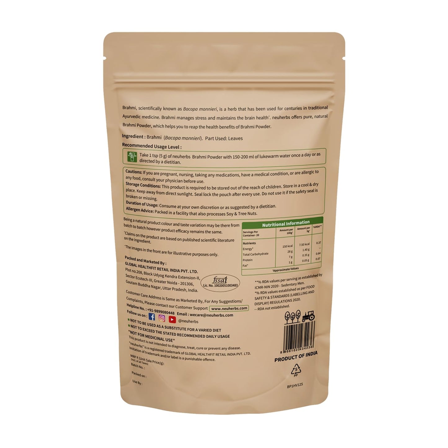 Neuherbs Brahmi Powder - 100g For Men & Women | Ayurvedic Care To Manage Stress & Boost Brain Health | Rich in Antioxident | 100% Pure & Natural | No Added Preservatives