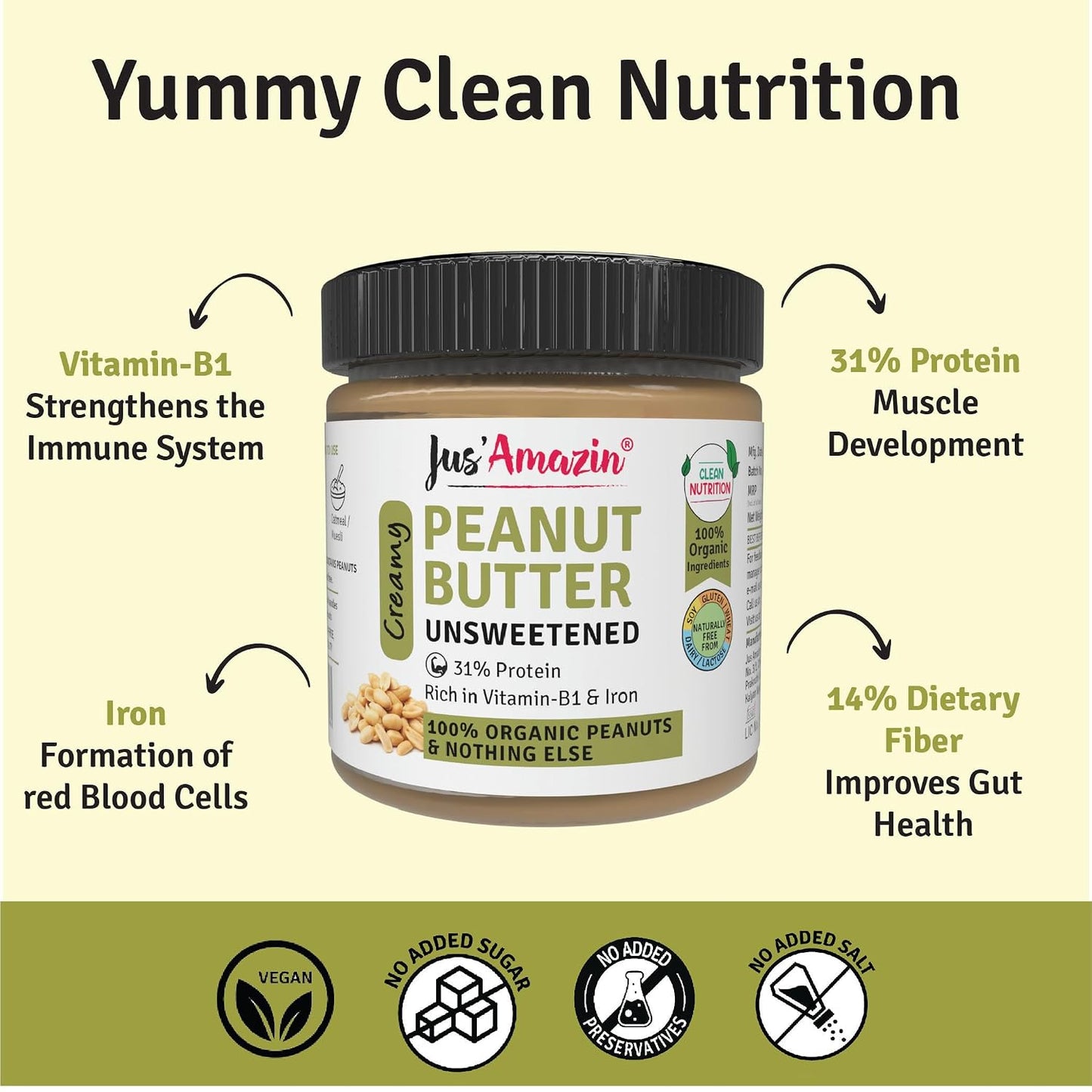 Jus' Amazin Creamy Organic Peanut Butter - Unsweetened | 31% Protein | Single Ingredient - 100% Organic Peanuts (no added Sugar/Salt) | Dairy Free | Keto | Clean Nutrition