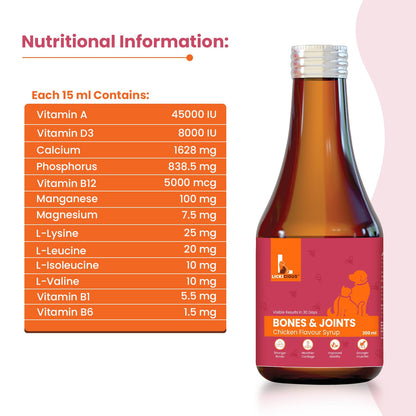 LICKICIOUS Bone & Joint Syrup for Dogs & Cats 200ml | Calcium, Minerals, Amino Acids & Vitamins for Stronger Bones, Cartilage & Muscles, Improved Mobility | Chicken Flavour Supplement/Tonic for Pets