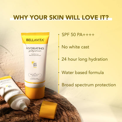 Bellavita sunscreen tube with features listed on a textured surface and yellow background