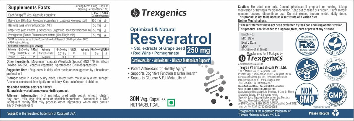 Trexenetics Resveratrol supplement label with branding and product details.