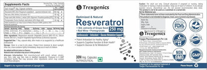 Trexenetics Resveratrol supplement label with branding and product details.