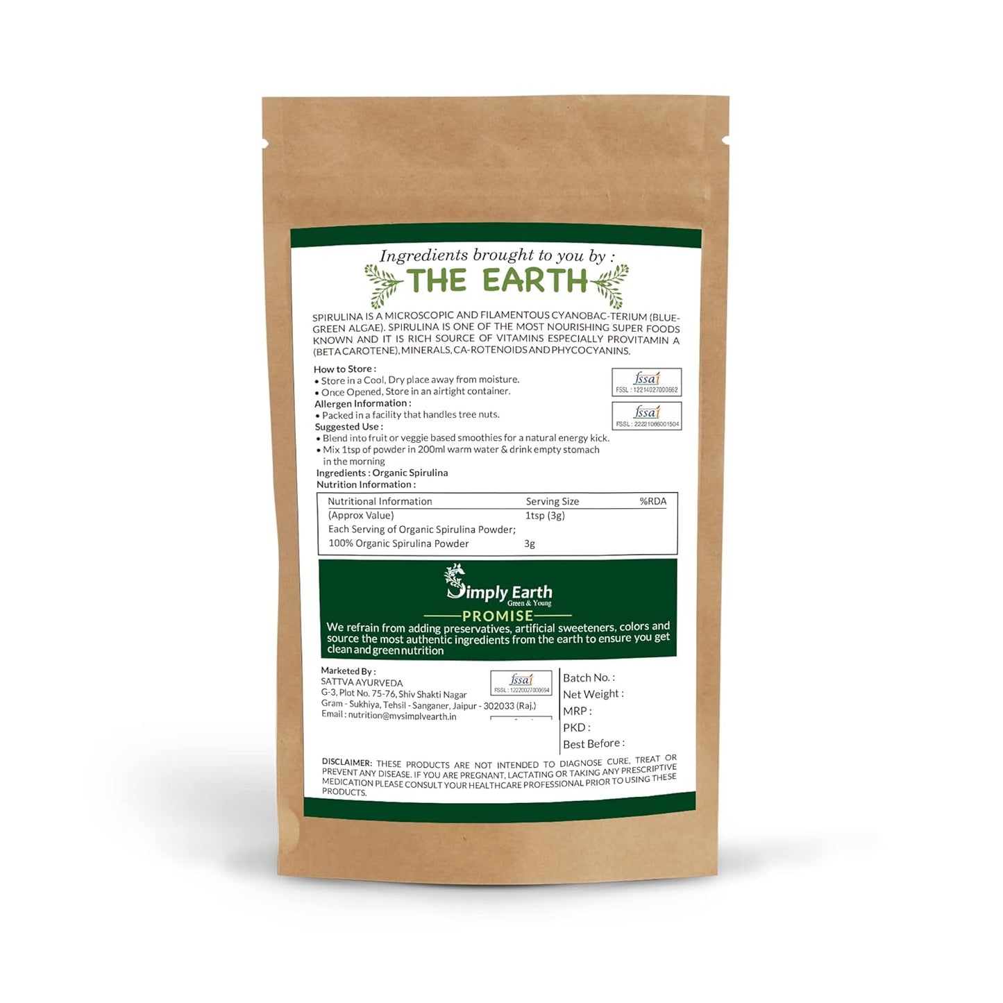 Simply Earth Organic Spirulina Powder for Energy, Digestion & Skin Health | Plant Based Protein Superfood Non-GMO | Immunity Booster, Superfood Supplement & Natural Multivitamin - 100g Veg Powder