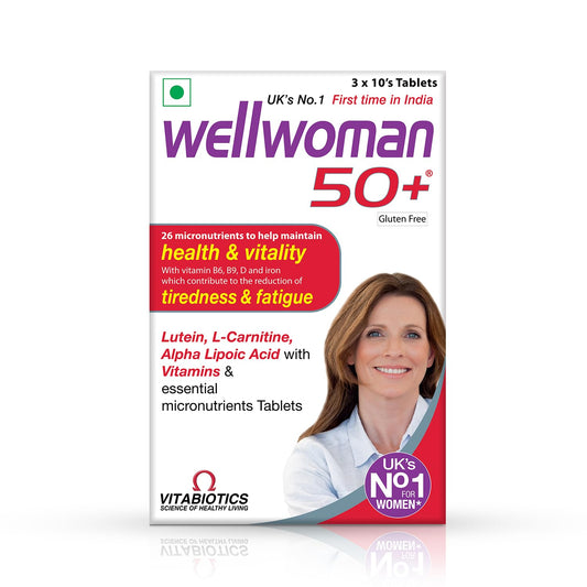 Wellwoman 50+ multivitamins for women over age 50 years with Vitamins,Iron,calcium,amino acids to support menopausal symptoms,maintain energy,Vision & Heart health| Vegetarian 30 Tablets, 20 grams