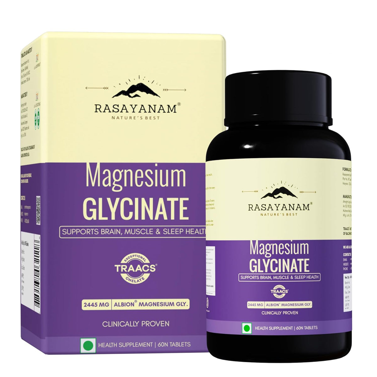 Rasayanam Chelated Magnesium Glycinate (2445 mg) - 60 Tablets | 440 mg Elemental Magnesium | High Absorption Magnesium Supplement | Supports Sleep, Relaxation & Muscle Recovery | Patented TRAACS®