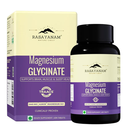 Rasayanam Chelated Magnesium Glycinate (2445 mg) - 60 Tablets | 440 mg Elemental Magnesium | High Absorption Magnesium Supplement | Supports Sleep, Relaxation & Muscle Recovery | Patented TRAACS®