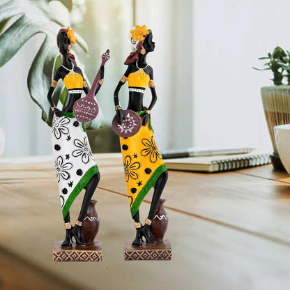 Resin African Girl with Musical Instruments|Captivating Home Décor (Pack of 2, Yellow & Black- Model 2, Large)