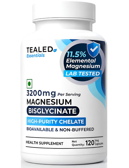 Tealed Magnesium Bisglycinate 3200mg | Non-Buffered | Chelated | Lab-Tested | Eurofins | 320mg Elemental Magnesium | No Fillers & Preservatives | Supports Muscle Relaxation & Sleep Quality | 120 Veg Caps