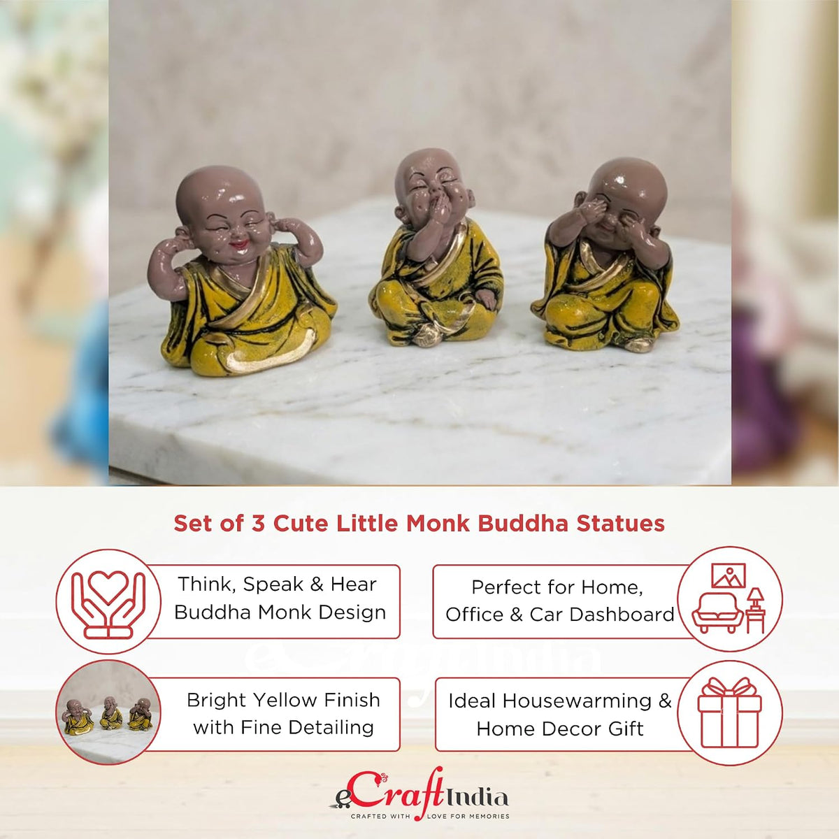 eCraftIndia Resin Yellow Think No Evil Speak No Evil Hear No Evil Set of 3 Cute Little Monk Buddha Statues Decorative Showpieces for Car Dashboard Home Office Desk Decor Gift Purpose