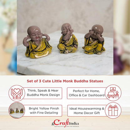 eCraftIndia Resin Yellow Think No Evil Speak No Evil Hear No Evil Set of 3 Cute Little Monk Buddha Statues Decorative Showpieces for Car Dashboard Home Office Desk Decor Gift Purpose