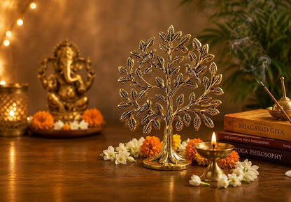 Kalpavriksha Tree of Life Showpiece with Birds, 15 cm Golden Metal Kalpvriksh for Home Mandir, Vastu, Office Table, Housewarming & Diwali Gift