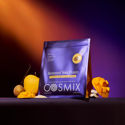 Cosmix Fermented Yeast Protein Powder | 24g Protein | Made with Real Mango | High Absorption with PDCAAS of 1 | No Dairy | Made In-House | Smooth, Tasty & Gut-Friendly | Ratnagiri Mango, 500g Pouch
