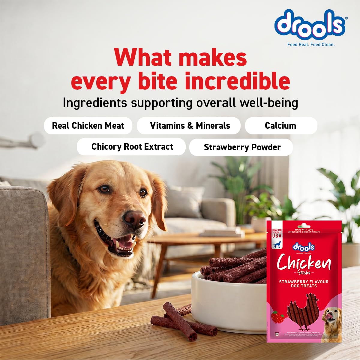 Drools Puppy & Adult Dog Treats Sticks 100g | Strawberry Flavour | Rich in Protein | No Artificial Preservatives | Best for Training & Bonding | Formulated in USA | Premium Treats