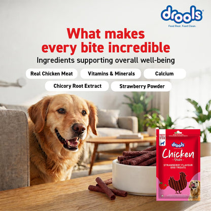 Drools Puppy & Adult Dog Treats Sticks 100g | Strawberry Flavour | Rich in Protein | No Artificial Preservatives | Best for Training & Bonding | Formulated in USA | Premium Treats