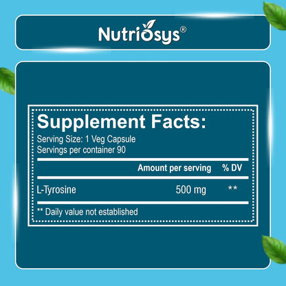 Nutriosys L-Tyrosine 500mg Supports Cognitive Health & Brain Function, Essential For Thyroid Functions - 90 Veg Capsules
