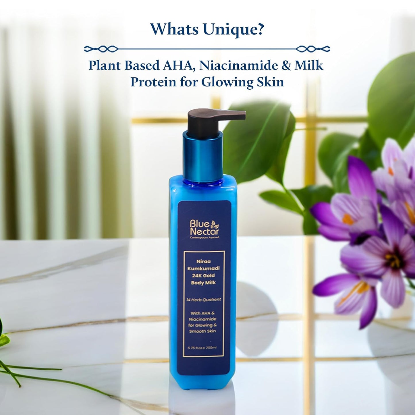 Blue Nectar Gold Body Milk for Women & Men | Body Lotion with Plant Based AHA & Niacinamide | Moisturizer for Body | All Skin Types (14 Herbs, 200ml)
