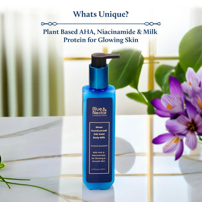 Blue Nectar Gold Body Milk for Women & Men | Body Lotion with Plant Based AHA & Niacinamide | Moisturizer for Body | All Skin Types (14 Herbs, 200ml)