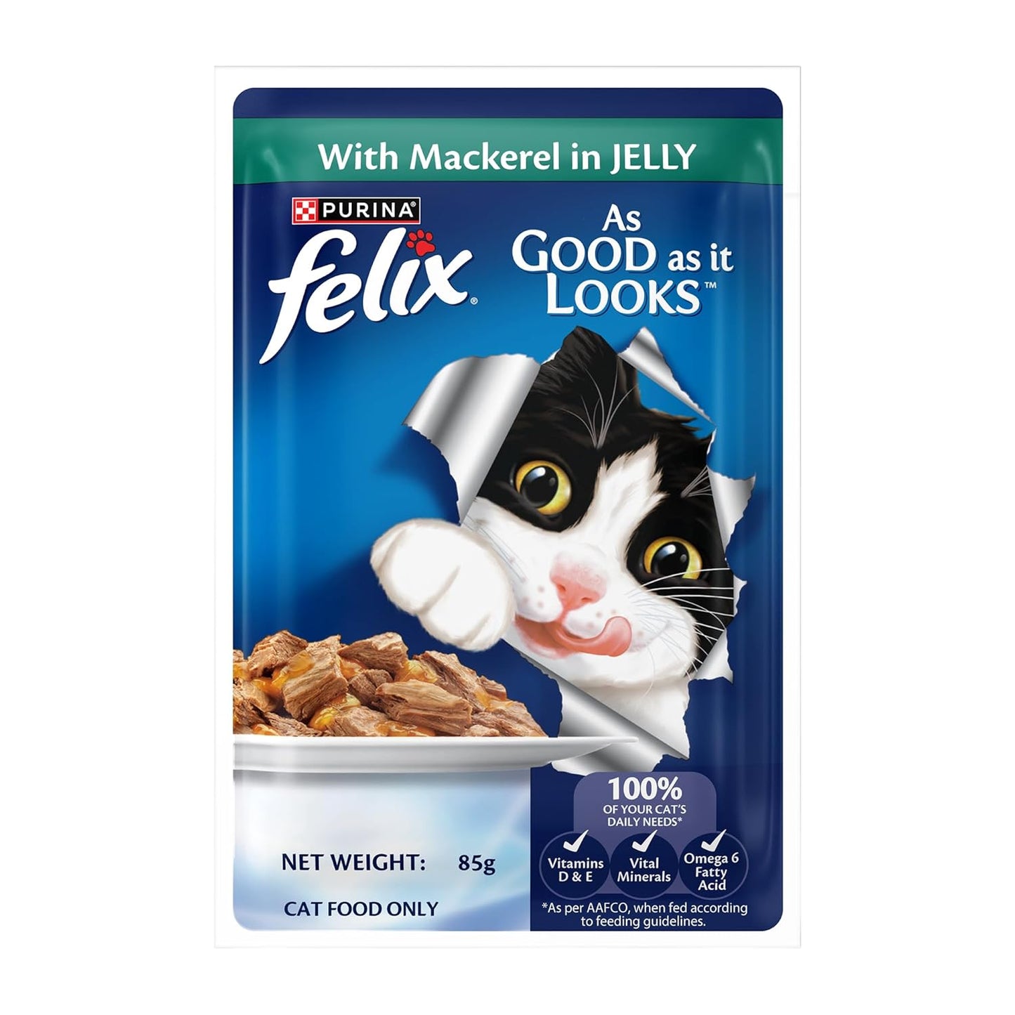 Purina Felix Mackerel in Jelly, Wet Food for Adult Cats, 85g Pouch | With Mackerel in Jelly, Tasty Meaty Chunks, 100% Complete & Balanced Nutrition, Vitamins D & E, Omega 6, Essential Minerals