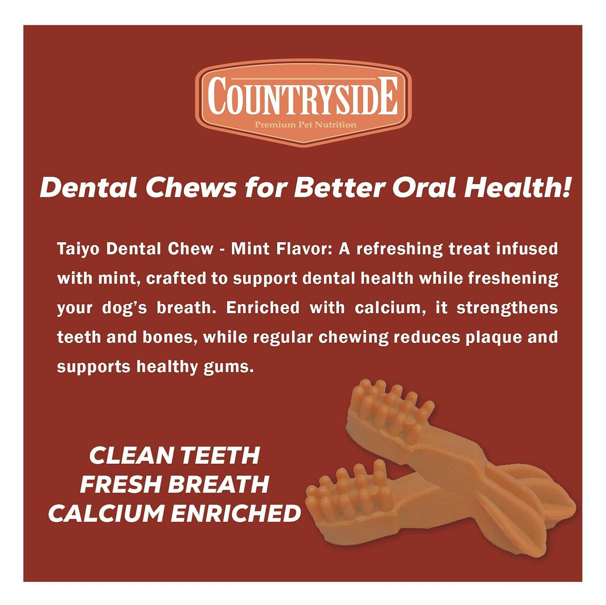 COUNTRYSIDE Dog Dental Chews Treats 250g – Chicken Flavor | Brush-Shaped Chews for Dogs, Oral & Gum Care for Dogs | Fights Plaque & Tartar | Freshens Breath | Calcium Enriched & Gluten Free