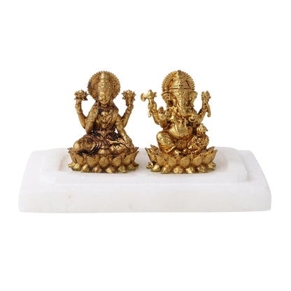 Brass Lakshmi Ganesh Idol Set on Marble Base | Laxmi Ganesh Murti for Pooja, Home Temple & Mandir | Hindu God Brass Statue (Design 01: L8 x W5 x H4 cm)