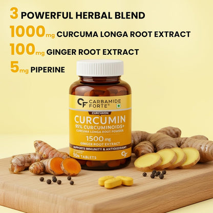 Carbamide Forte Curcumin Tablets with Piperine and 95% Curcuminoids | Anti inflammatory Supplement for Adults | With Curcuma Longa, Turmeric & Ginger Root extract | 90 Veg Tablets