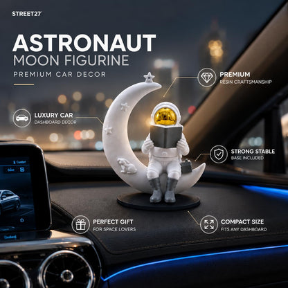 Astronaut Figurine Showpiece for Home Décor, Office Desk, Car Dashboard & Table Decoration | Space Astronaut Statue Collectible Gift for Home, Room & Workspace (Reading on Moon Golden)