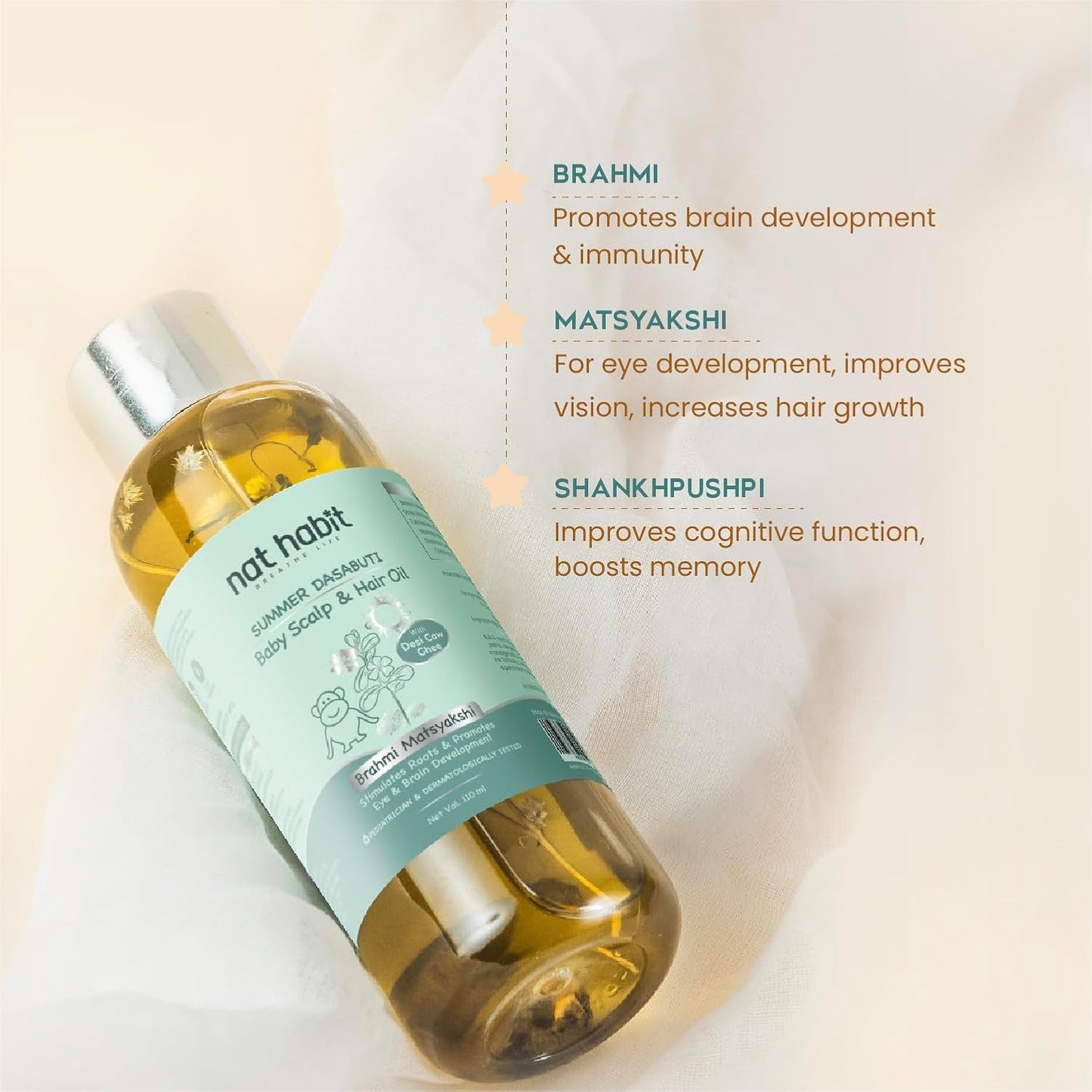 Nat Habit Summer Baby Hair Oil for Kids 0-5 Years | Ayurvedic Hair Oil for Baby with Brahmi, Matsyakshi & Dasabuti | Baby Hair Growth Oil with Desi Ghee & Cold Pressed Oils | Cools Body, Aids Sleep, 110ml