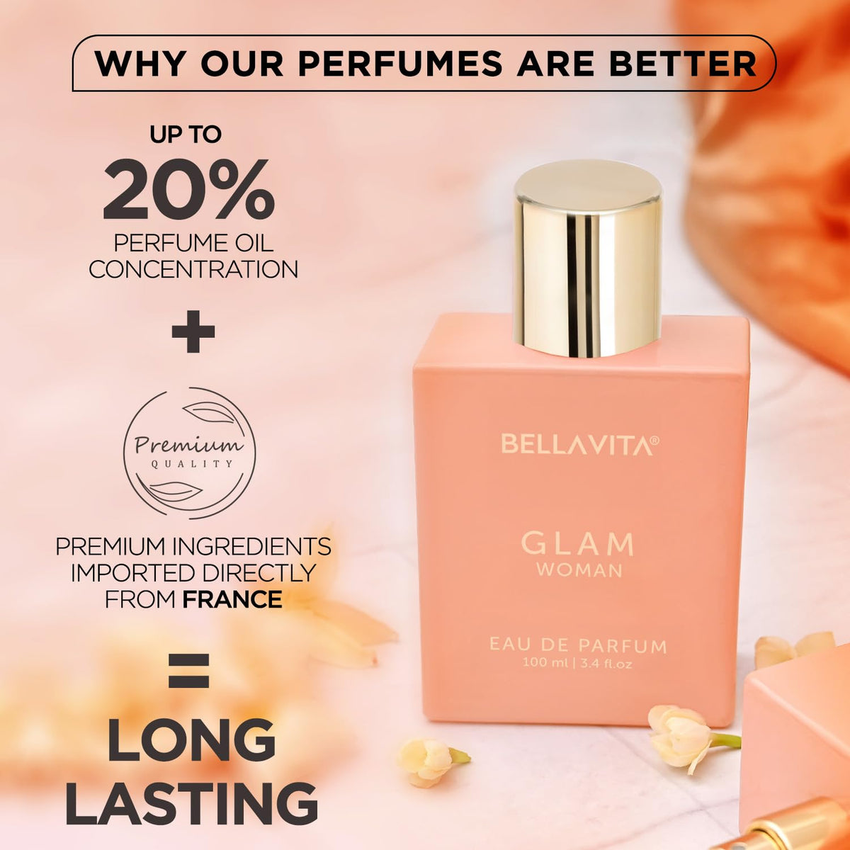Bellavita Glam Woman perfume bottle with promotional text on a soft pink background