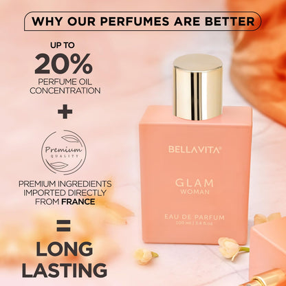 Bellavita Glam Woman perfume bottle with promotional text on a soft pink background