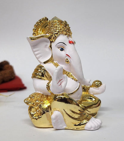 Gold Art India Gold Plated Gaddi Ganesha for Car Dashboard Home Decor Gifting Diwali Birthday Festivals (GAADDIGOLDWHITE)