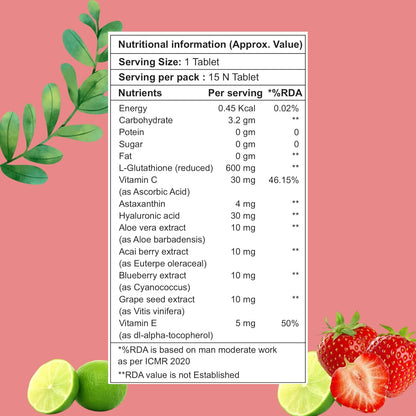 Naturavest Glutathione 600 mg for skin whitening, For Pigmentations and Glowing Skin Powerhouse of Antioxidants with Bioactive Formula, (Strawberry & Lemon flavour) (15 tablets)