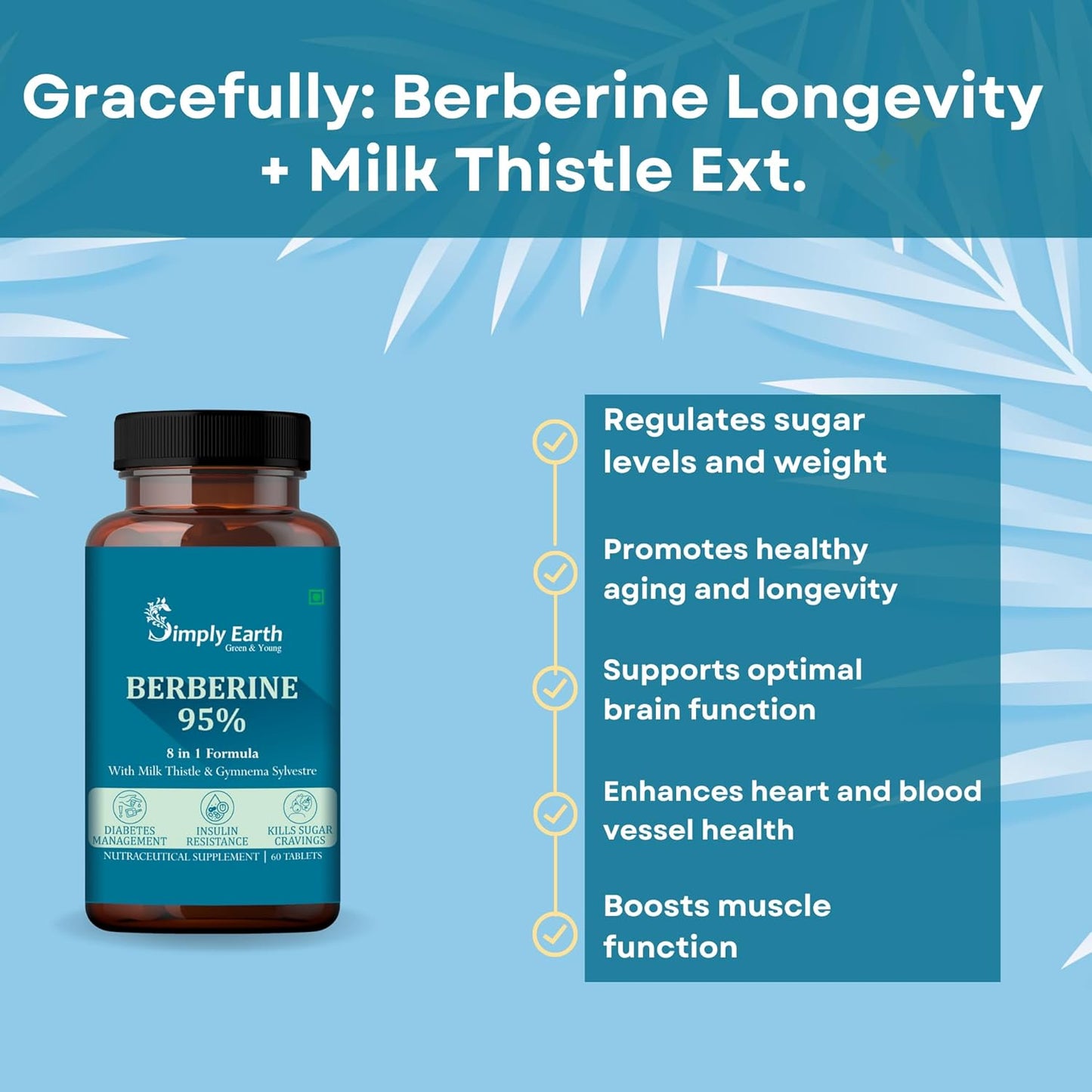 Simply Earth Berberis Berberine 95% (500mg) with Milk Thistle & Cinnamon, Turmeric & Black Pepper - For Optimal Health | Berberine HCL Supplements - 60 Veg Tablets