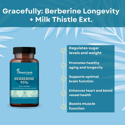Simply Earth Berberis Berberine 95% (500mg) with Milk Thistle & Cinnamon, Turmeric & Black Pepper - For Optimal Health | Berberine HCL Supplements - 60 Veg Tablets