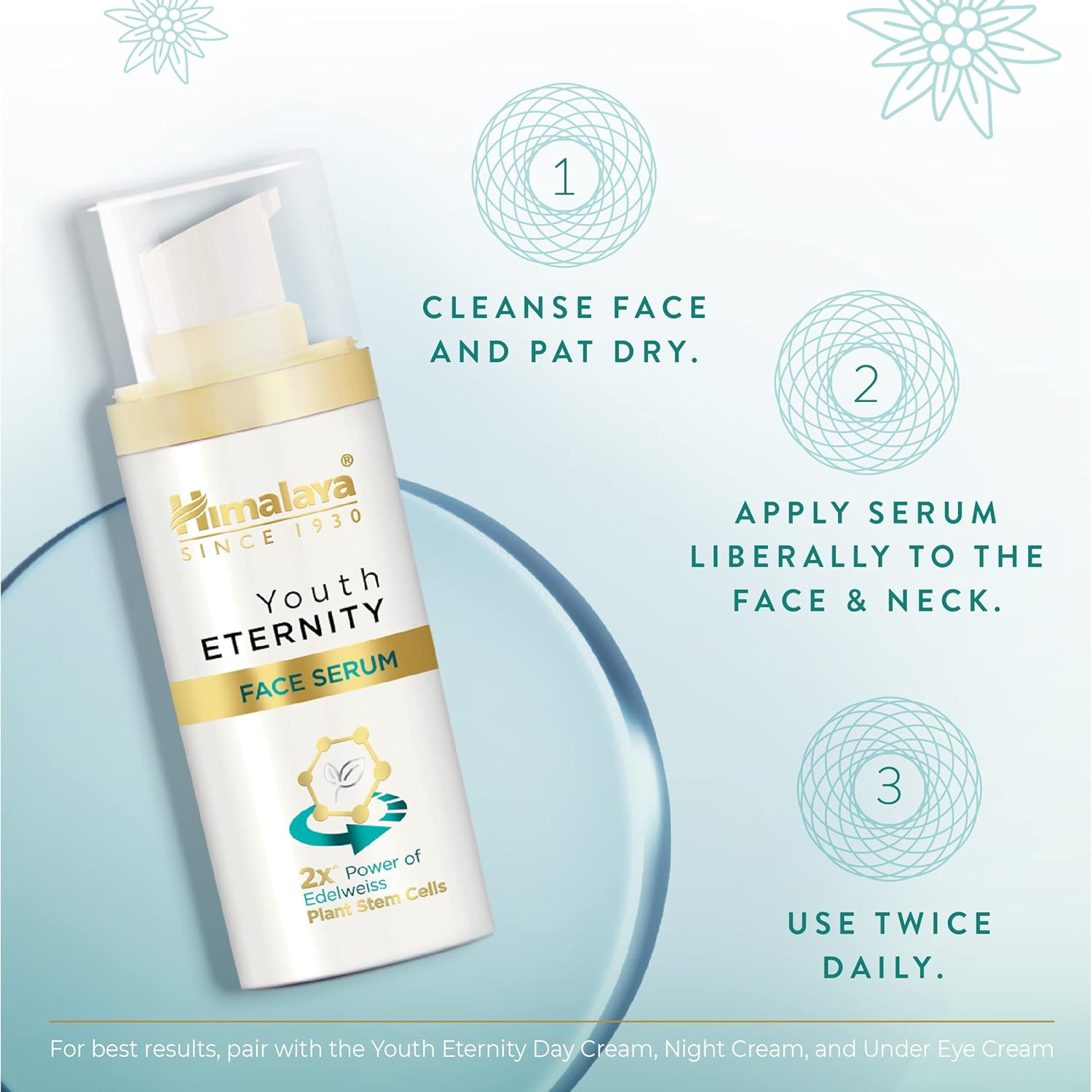 Himalaya Youth Eternity Face Serum bottle with usage instructions on a light blue background