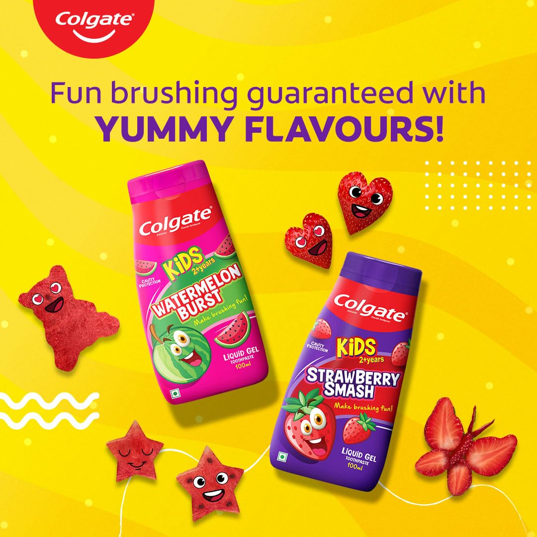 Colgate Kids Toothpaste in a Fun Squeezy Bottle, Strawberry Flavor Gel Tooth Paste, Easy-Grip & Makes Brushing Fun, Cavity Protection, Safe for Kids, Paraben/Gluten-Free, Vegan, Age 2-6yrs, 100ml