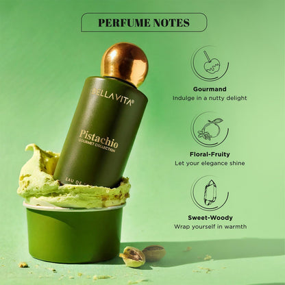 Bellavita Pistachio perfume bottle with green ice cream and pistachios on a green background