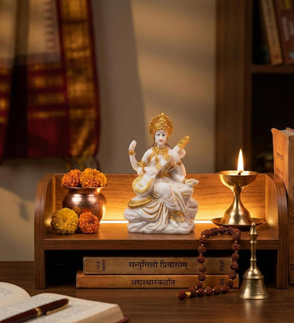 Mini Handcrafted Saraswati maa Idol (3 Inch) – White & Gold Finish Resin Murti with Veena for Home Mandir, Study Desk Décor & Spiritual Gift
