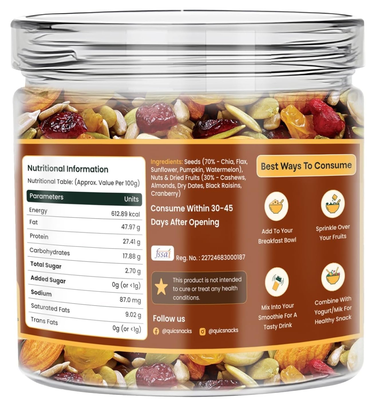 QuicSnacks 10 in 1 Mix Superbites Mix Seeds | Nuts and Seeds Mixes | Healthy Snack | Ready to Eat | Supports Heart Health, Boosts Energy, and Improves Overall Wellness
