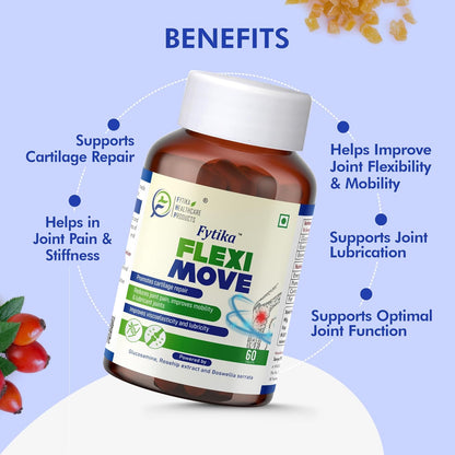 Fytika Flexi Move supplement bottle with benefits listed on a blue background