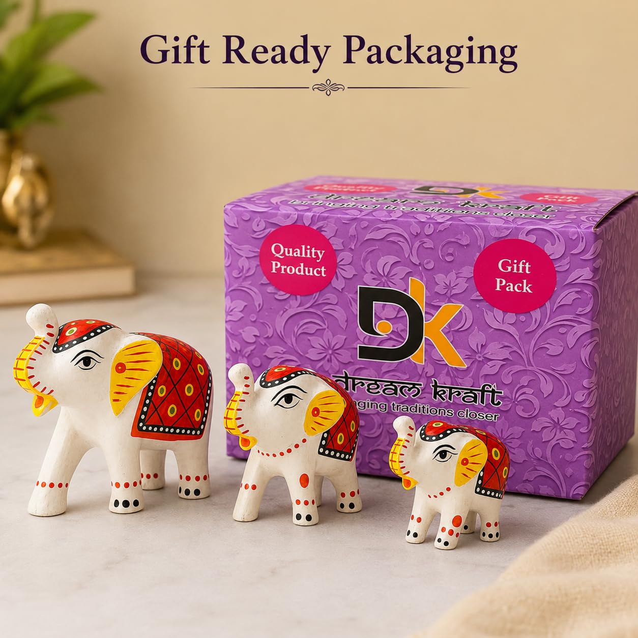 DreamKraft Paper Mache Elephant Showpiece Idols, White, Set of 3