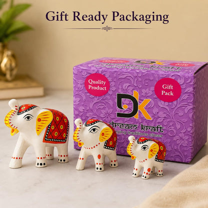 DreamKraft Paper Mache Elephant Showpiece Idols, White, Set of 3