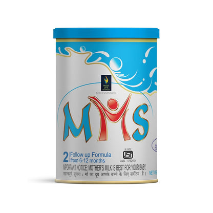 MMS follow-up formula canister with blue lid on a white background