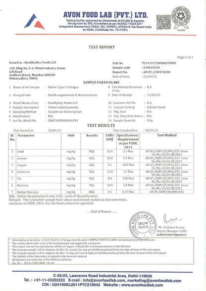 Avon Food Lab test report with various certifications and logos at the top.