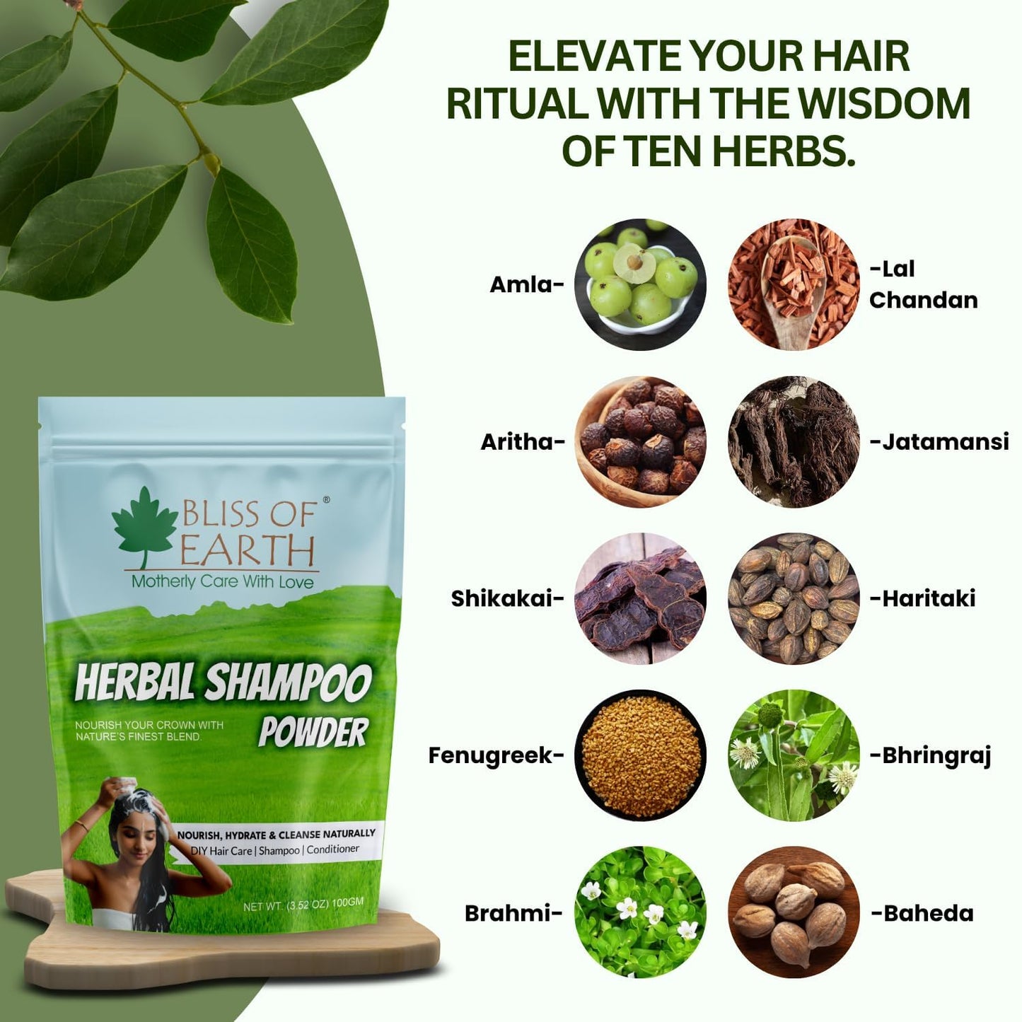 BLISS OF EARTH Powder Shampoo for Hair with Amla, Reetha, Shikakai, Bhringraj & Jatamansi | Ayurvedic Herbal Cleanser for Hair Wash, Growth & Care | Sulfate-Free, 100g Shampoo Powder
