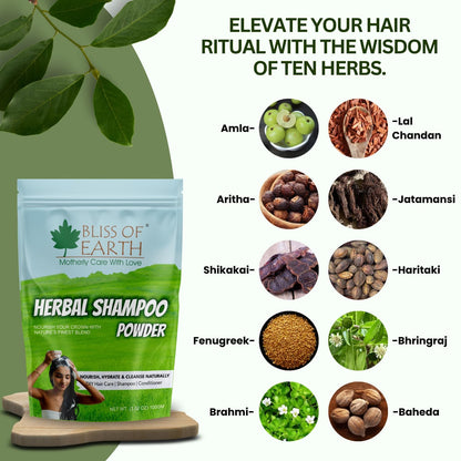 BLISS OF EARTH Powder Shampoo for Hair with Amla, Reetha, Shikakai, Bhringraj & Jatamansi | Ayurvedic Herbal Cleanser for Hair Wash, Growth & Care | Sulfate-Free, 100g Shampoo Powder